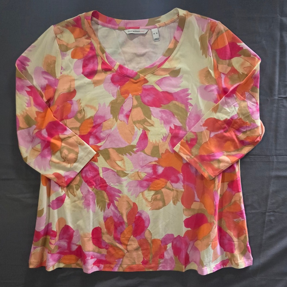 Isaac Mizrahi Live! XL Floral V-Neck 3/4 Sleeve Top Pink Orange Watercolor